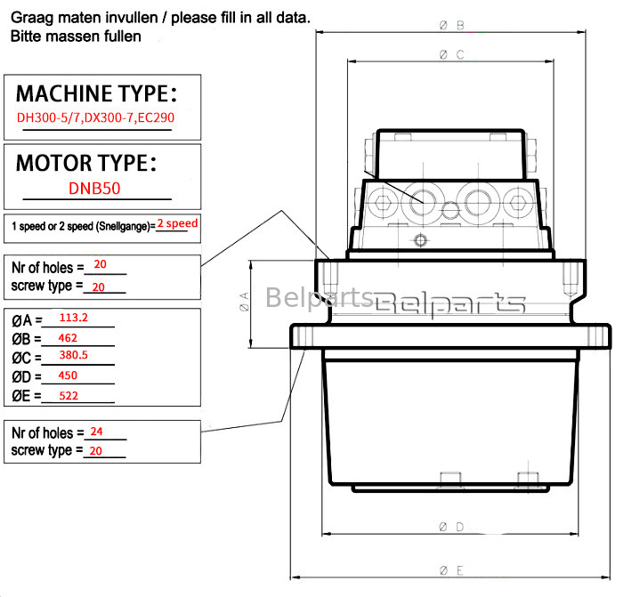 Doosan DX300-7 DH300-5 EC290 ট্রাভেল মোটর Assy Excavator Parts জন্য