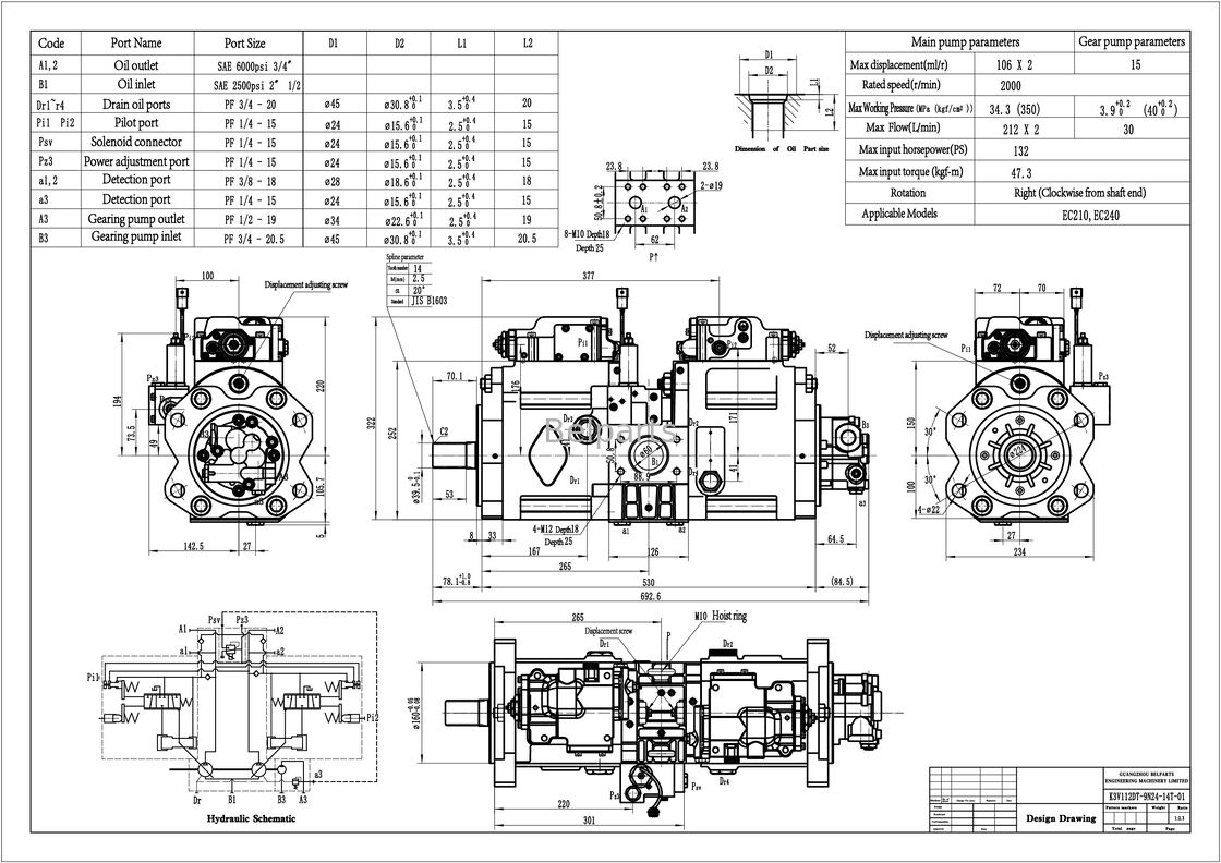 ভলভো EC210 EC210B EC240 EC240B জন্য হাইড্রোলিক পাম্প Excavator Parts SA 1142-00012 SA 8230-14650 SA 1142-00531 Kawasaki K3V112DT-9N24-14T OEM পিস্টন পাম্প